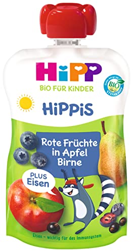 HiPP Bio für Kinder HiPPiS Frucht Plus Rote Früchte in Apfel Birne plus Eisen- Willi Waschbär, 6er Pack (6 x 100 g) von HiPP