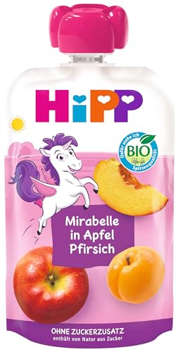 HiPP Bio für Kinder HiPPiS Mirabelle in Apfel-Pfirsich - Ellis Einhorn, 100g; 8er Pack (8x100g) von HiPP