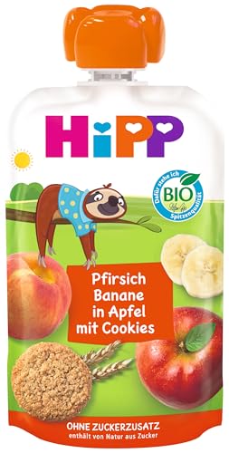 HiPP Bio für Kinder HiPPiS mit Vollkorn Pfirsich-Banane in Apfel mit Cookies - Felix Faultier, 100g; 8er Pack (8x100g) von HiPP