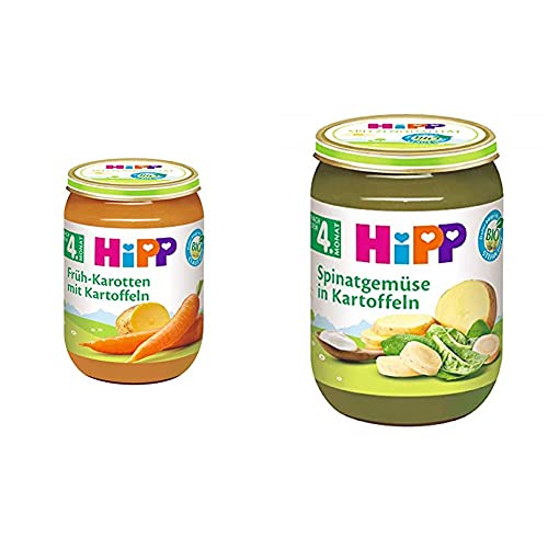 HiPP Früh-Karotten mit Kartoffeln Bio, 6er Pack (6 x 190 g) & Gemüse, Spinatgemüse mit Kartoffeln, 6er Pack (6 x 190 g) von HiPP