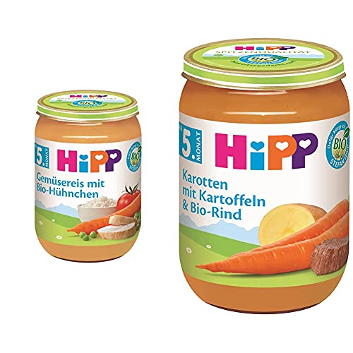 HiPP Gemüsereis mit Bio-Hühnchen, 6er Pack (6 x 190 g) & Karotten mit Kartoffeln und Bio-Rind, 6er Pack (6 x 190 g) von HiPP