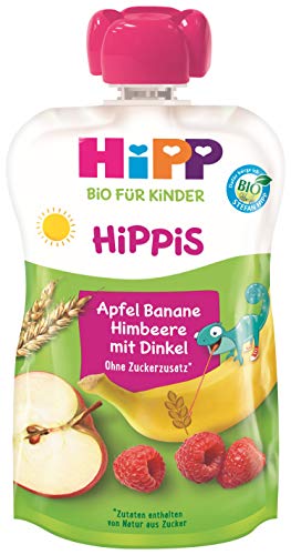 HiPP HiPPiS Früchte und Getreide Quetschbeutel, Apfel-Banane-Himbeere mit Vollkorn, 100% Bio-Früchte und Getreide, Ohne Zuckerzusatz, 6 x 100 g Beutel von HiPP