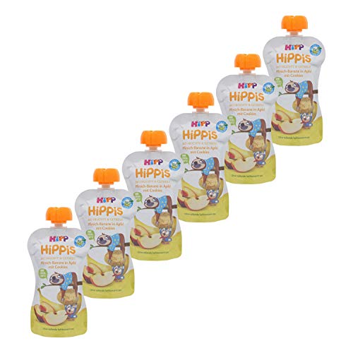 HiPP HiPPiS Früchte und Getreide Quetschbeutel, Pfirsich-Banane in Apfel mit Cookies, 100% Bio-Früchte und Getreide, Ohne Zuckerzusatz, 6 x 100 g Beutel von HiPP