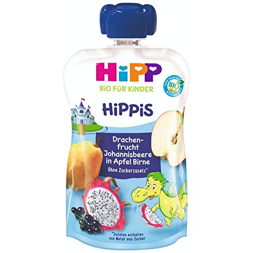 HiPP HiPPiS Quetschbeutel, Drachenfrucht-Johannisbeere in Apfel-Birne, 100% Bio-Früchte ohne Zuckerzusatz, 6 x 100 g Beutel von HiPP