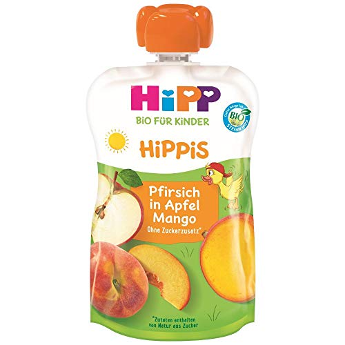 HiPP HiPPiS Quetschbeutel, Pfirsich in Apfel-Mango, 100% Bio-Früchte ohne Zuckerzusatz, 6 x 100 g Beutel von HiPP