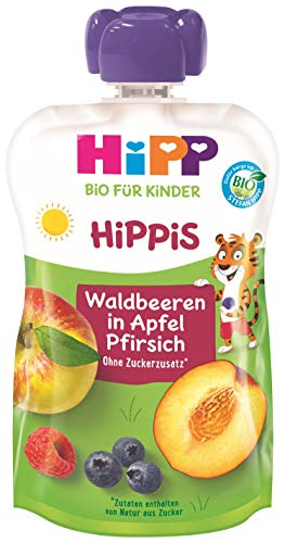 HiPP HiPPiS Quetschbeutel, Waldbeeren in Apfel-Pfirsich, 100% Bio-Früchte ohne Zuckerzusatz, 6 x 100 g Beutel von HiPP