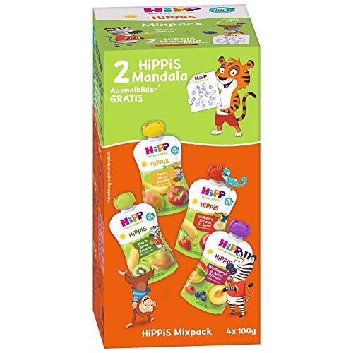 HiPP HiPPiS Quetschbeutel Mixpack, 4 verschiedene Geschmacksrichtungen, 100% Bio-Früchte ohne Zuckerzusatz, 4 x 4 Beutel à 100 g von HiPP