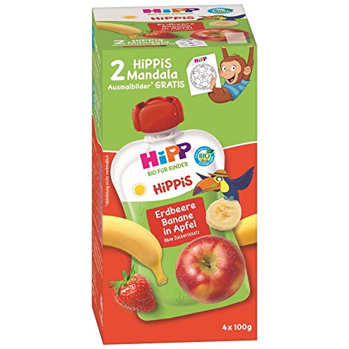 HiPP HiPPiS Quetschbeutel Vorteilspack, Erdbeere-Banane in Apfel, 100% Bio-Früchte ohne Zuckerzusatz, 4 x 4 Beutel à 100 g von HiPP