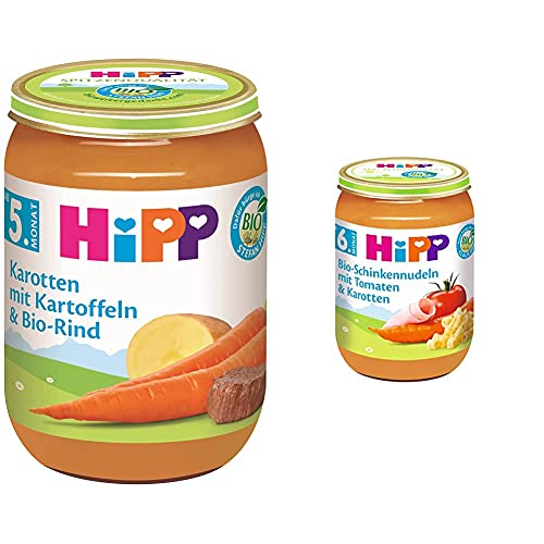 HiPP Karotten mit Kartoffeln und Bio-Rind, 6er Pack (6 x 190 g) & Bio-Schinkennudeln mit Tomaten und Karotten, 6er Pack (6 x 190 g) von HiPP