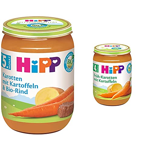 HiPP Karotten mit Kartoffeln und Bio-Rind, 6er Pack (6 x 190 g) & Früh-Karotten mit Kartoffeln Bio, 6er Pack (6 x 190 g) von HiPP