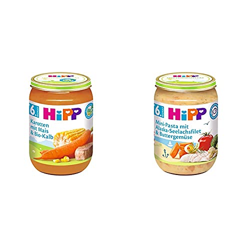 HiPP Karotten mit Mais und Bio-Kalb, 6er Pack (6 x 190 g) & Mini-Pasta mit Alaska-Seelachsfilet und Buttergemüse, 6er Pack (6 x 190 g) von HiPP