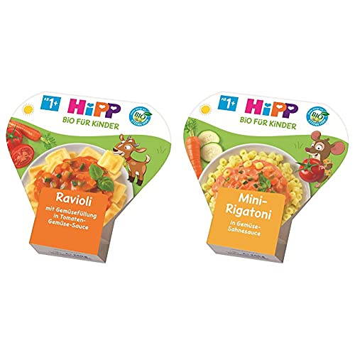 HiPP Kinder-Bio-Ravioli mit Tomaten-Gemüse-Sauce, 6er Pack (6 x 250 g) & Kinder-Bio-Pasta Mini-Rigatoni in Gemüse-Sahnesauce, 6er Pack (6 x 250 g) von HiPP