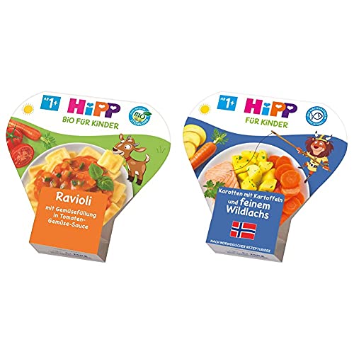 HiPP Kinder-Bio-Ravioli mit Tomaten-Gemüse-Sauce, 6er Pack (6 x 250 g) & Kinder-Teller, Karotten mit Kartoffeln und feinem Wildlachs, 6er Pack (6 x 250g) von HiPP