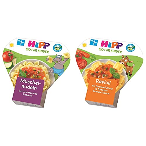 HiPP Muschelnudeln mit Tomaten und Zucchini Bio, 6er Pack (6 x 250 g) & Kinder-Bio-Ravioli mit Tomaten-Gemüse-Sauce, 6er Pack (6 x 250 g) von HiPP