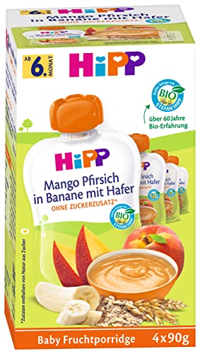 HiPP Quetschbeutel für Babys, Frucht-Porridge, Mango-Pfirsich in Banane mit Hafer, 100% Bio-Früchte ohne Zuckerzusatz, 4 x 4 Beutel à 90 g von HiPP