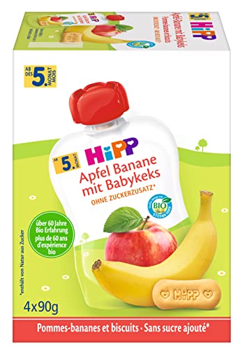 HiPP Quetschbeutel für Babys, Frucht und Getreide, Apfel-Banane mit Babykeks, 100% Bio-Früchte ohne Zuckerzusatz, 4 x 4 Beutel à 90 g von HiPP