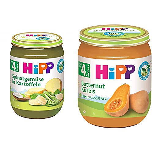 Hipp Gemüse, Spinatgemüse mit Kartoffeln, 6er Pack (6 x 190 g) & Bio Gemüse Reiner Butternut-Kürbis, 6er Pack (6 x 125 g) von HiPP