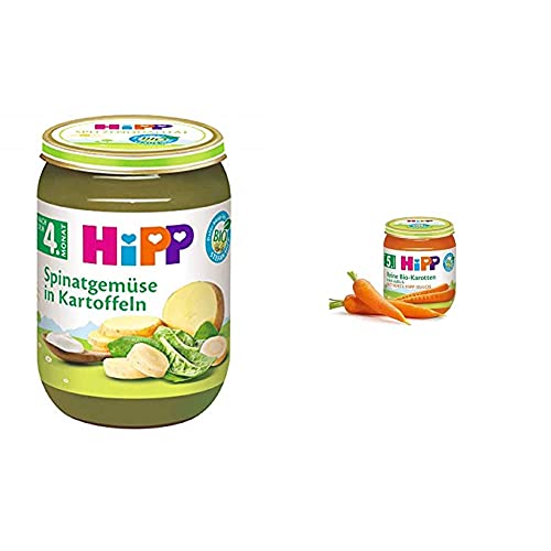 Hipp Gemüse, Spinatgemüse mit Kartoffeln, 6er Pack (6 x 190 g) & Reine Früh-Karotten Bio, 6er Pack (6 x 125 g) von HiPP