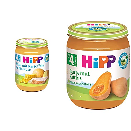 Hipp Mais mit Kartoffelpüree und Bio-Pute, 6er Pack (6 x 190g) & Bio Gemüse Reiner Butternut-Kürbis, 6er Pack (6 x 125 g) von HiPP