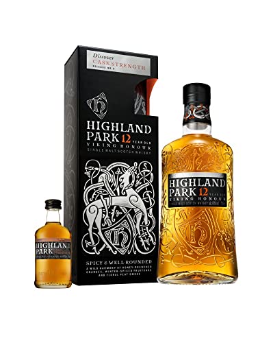Highland Park 12 Jahre mit Cask Strength Miniaturflasche - mit Geschenkverpackung - Viking Honour - Single Malt Scotch Whisky - vollmundiger, rauchiger Geschmack - 40 % Vol - 700 ml Einzelflasche von Highland Park