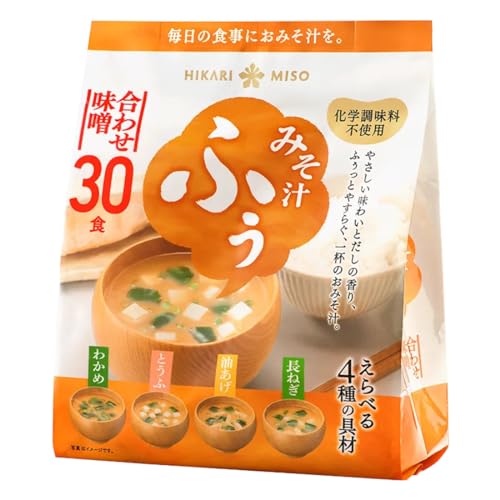 Hikari Miso Miso-Suppe, Instant-Suppe, japanisch, 4 Geschmacksrichtungen, Packung mit 30 Miso-Suppen (Algen Wakame, grüne Zwiebeln, Tofu, Frittiertofu) von Hikari Miso
