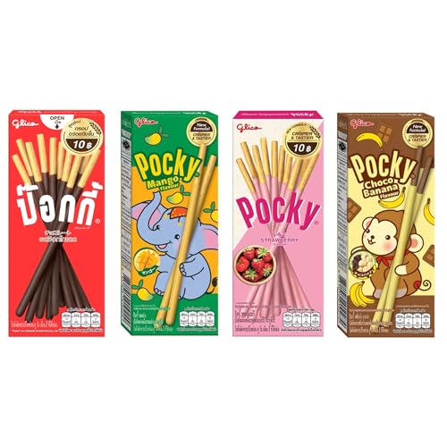 Pocky Variety Pack Set mit 4 Geschmacksrichtungen: Original Schokolade (22 g), Erdbeere (21 g), Choco Banane (25 g) & Mango Geschmack (25 g) Japanische Snacks mit Hilary Whole Foods™ Verpackung | von Hilary Whole Foods