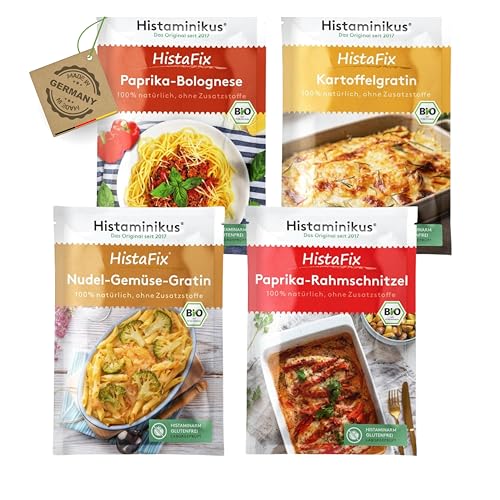 Histaminikus HistaFix-Bundle - 4er-Pack - 2-3 Portionen pro Packung - Rahmschnitzel - Paprika Bolognese - Kartoffelgratin - Nudel-Gemüse-Gratin - Bio Gewürzmischung - histaminarm - Made in Germany von Histaminikus