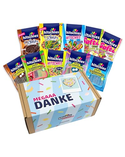 hitschies Geschenkbox - Süßigkeiten Box mit 10 hitschies - Fruchtig-leckeres Naschvergnügen - Fertig verpackt - Boxmaße: 31x18x13 cm (Danke Box) von Hitschler