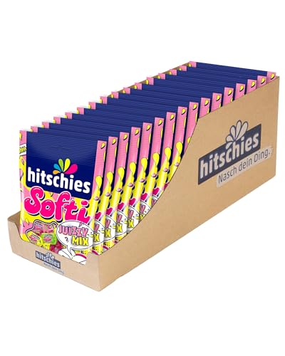 hitschies Softi Juizzy Mix 90g - Fruchtig-saure Kaubonbons mit Flüssigem Kern - Sorten: Himbeere, Kirsche, Apfel, Zitrone - Glutenfrei & Halal von hitschie's