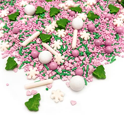 Hobbybäcker Streusel-Mix, Pink Wonderland, pink, weiß grün, mit Streuseln in Schneeflocken- und Tannenbaumform, für herrlich winterliche Gebäcke von Hobby BÄCKER