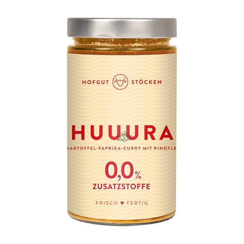 Hofgut Stöcken | HUUURA Bio-Kartoffel-Paprika-Curry mit Rindfleisch | Würziges Curry mit Bio-Rind, Kartoffeln & Paprika | Fertiggericht ohne Zusatzstoffe | 620ml von Hofgut Stöcken