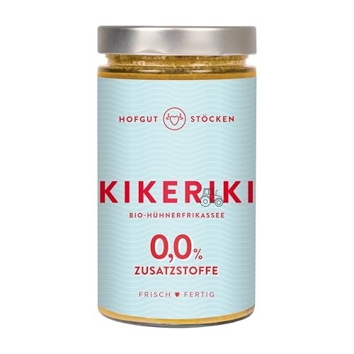 Hofgut Stöcken | KIKERIKI Bio-Hühnerfrikassee KIKERIKI mit Spargel, Champignons & Erbsen | Fertiggericht ohne Zusatzstoffe | 620ml Beschreibungstext: von Hofgut Stöcken