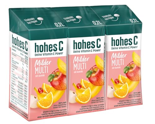 hohes C Milder Multivitamin (3 x 0,2l), 100% Saft, Apfel, Orange, Acerola, Mango, 7 Vitamine, ohne Zuckerzusatz laut Gesetz, weniger Säure, vegan von Hohes C