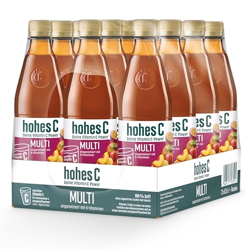 hohes C Multivitamin (12 x 0,5), 100% Saft, Apfel, Orange, Ananas, Maracuja, Mango, 9 Vitamine, ohne Zuckerzusatz laut Gesetz, vegan, mit recyceltem PET von Hohes C