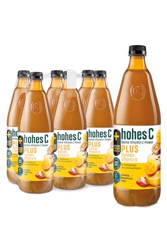 hohes C PLUS Sonnenvitamin D (6 x 1l), 100% Saft, Orange, Apfel, Maracuja, Zitrone, Kaki, Vitamin C, PLUS an Vitamin D, ohne Zuckerzusatz laut Gesetz, vegan, mit recyceltem PET von Hohes C