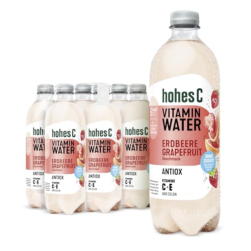 hohes C Vitamin Water Antiox Erdbeere & Grapefruit (6 x 750ml), Zellschutz vor oxidativem Stress: Vitamin C, Vitamin E + Selen, nur 6kcal/100ml, ohne Zuckerzusatz & Süßungsmittel, vegan von Hohes C