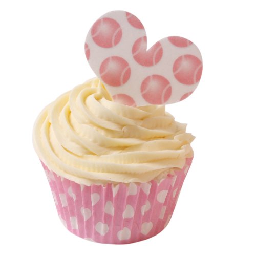 12 Essbare Kuchendekorationen-Herzen in Tennisball Design- Rosa / 12 Edible Wafer Cake Decorations: Love Heart Pink Tennis Balls von Holly Cupcakes