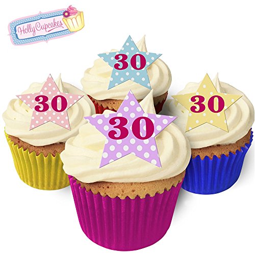 12 essbare "30" Sterne-Kuchendekorationen im Weinlese Pünktchen Design, plus 12 frei kleinerensterne! von Holly Cupcakes