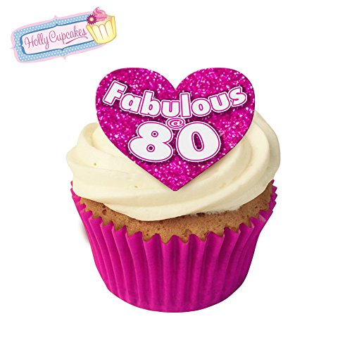 12 essbare "Fabulous at 80!"-Kuchendekorationen, plus 12 frei kleineren "80" herzen! von Holly Cupcakes