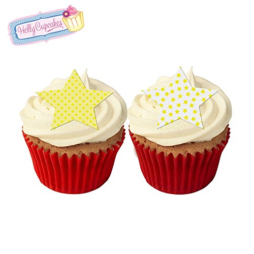 12 essbare gelb Sterne-Kuchendekorationen im Weinlese Pünktchen Design, plus 12 frei kleinerensterne! von Holly Cupcakes