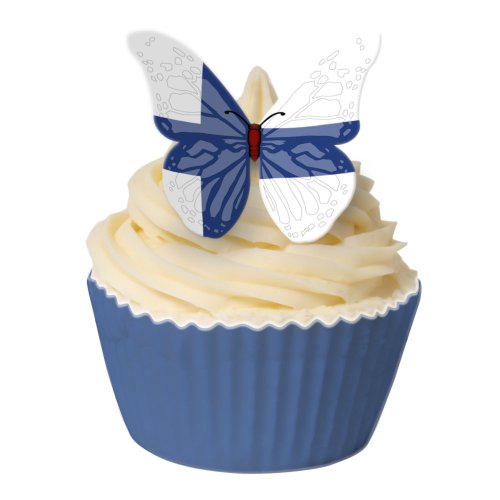 24 Schmetterlinge aus essbarem Papier mit Fahnenmuster: Finnland / 24 Edible Wafer Cake Decorations: Finnish Flag Butterfly von Holly Cupcakes