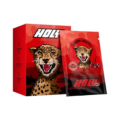 HOLY Energy Gaming Booster 10er Probier-Box 'Cherry Cheetah' mit Kirsch Geschmack Pulver | 10 Portionen mit NewCaff & Grüntee Extrakt | Focus Drink | Vegan mit 100% natürlichen Fruchtaromen von Holy Energy