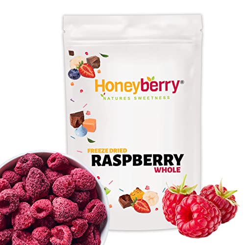 Gefriergetrocknete Ganze Himbeeren 100g - Gefriergetrocknete Früchte - Trockenfrüchte Gefriergetrocknet - Getrocknete Himbeeren - Perfekt zum Backen, Kuchendekoration, für Snacks, Müsli & Desserts von Honeyberry