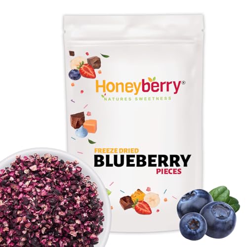 Gefriergetrocknete Heidelbeeren Stücke 100g - Gefriergetrocknete Blaubeeren - Gefriergetrocknete Früchte - Trockenfrüchte Gefriergetrocknet - Perfekt zum Backen, Kuchendekoration, Müsli & Desserts von Honeyberry