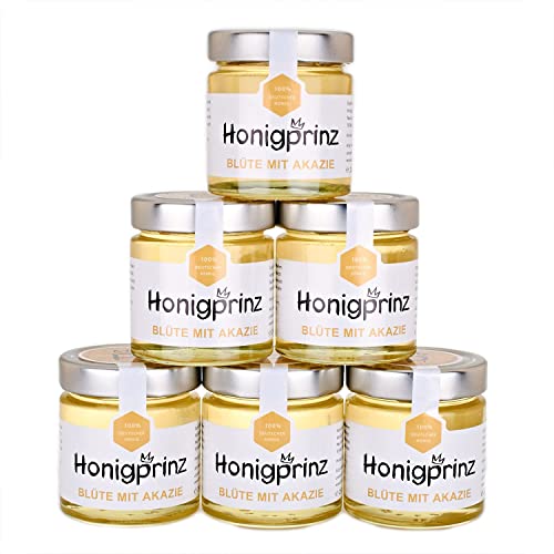 Honig Akazienhonig 100% Deutscher Blütenhonig [6 x 250 Gramm] Robinien - Akazien Honig ursprünglicher und natürlicher Honiggenuss, Honigprinz Familien - Imkerei von Honigprinz
