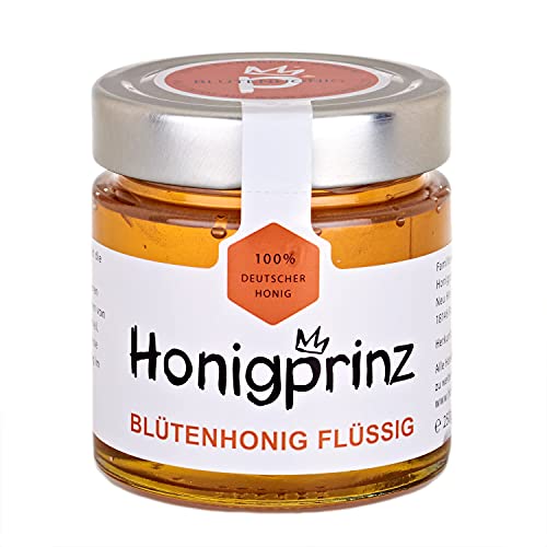 Honig Sommerblütenhonig flüssig 100% Deutscher Blütenhonig [1 x 250 Gramm] flüssiger Sommerblüten Honig, ursprünglicher und natürlicher Honiggenuss, Honigprinz Familien-Imkerei von Honigprinz