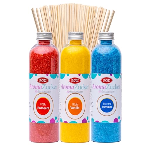 Hopser Food Fun Zucker für Zuckerwatte (Set 1 Erdbeer, Vanille, Kaugummi + 50 Stäbe, 3x230 Gramm / 50 Stäbe) von Hopser Food Fun