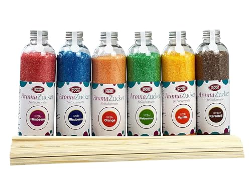 Partyset 6 x 230g Zuckerwatte Zucker AZO Frei für Zuckerwattemaschine Ink. 100 Zuckerwattestäbe (Blaubeere/Himbeere/Vanille/Karamell/Waldmeister/Orange) von Hopser Food Fun