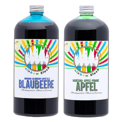 Rainbow Slush Sirup AZO FREI | 2x1 Liter Flasche | Konzentrat für Slushy Maker Eis Slushmaschinen Eismaschinen Getränke 1:5 bis 1:20 (1xApfel/1xBlaubeere) von Hopser Food Fun