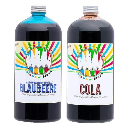 Rainbow Slush Sirup AZO FREI | 2x1 Liter Flasche | Konzentrat für Slushy Maker Eis Slushmaschinen Eismaschinen Getränke 1:5 bis 1:20 (1xCola/1xBlaubeere) von Hopser Food Fun